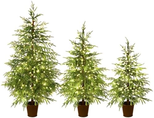 Set of 3 2ft 3ft 4ft Pre-lit Twinkle Christmas Norfolk Pine Tree with 175 LED Light Realistic Artificial Trees with Woven Basket Base Xmas Holiday Decor for Indoor Living Room Home (Norfolk Pine Tree)