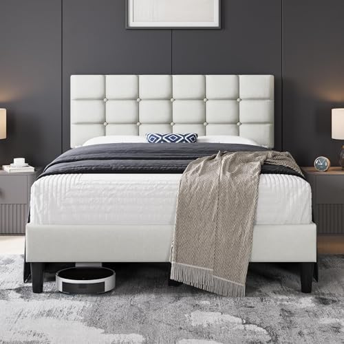 Yaheetech Upholstered Bed Frame, Modern Full Bed Platform with Square Stitched&Button Tufting Headboard Height Adjustable, Wooden Slats Support, No Box Spring Needed, Full Size, Beige