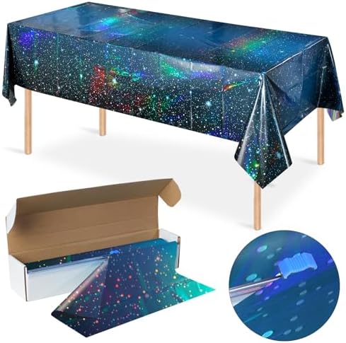 100Feet X 54 Inch Roll Iridescent Space Tablecloths Disposable Plastic Blue Galaxy Table Cloth Rectangle Roll Table Covers for Space Starry Night Star Theme Party Birthday Party Decorations