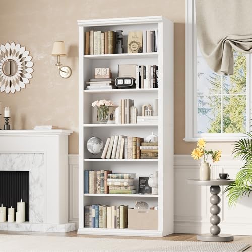 Rresyet Bookcase and Bookshelves, 28" W Tall Bookshelf with Elegant Design, 6 Tiers Spacious Book Storage, Freestanding Book Organizer, Display Library Shelf for Home Office, Living Room & Study Room