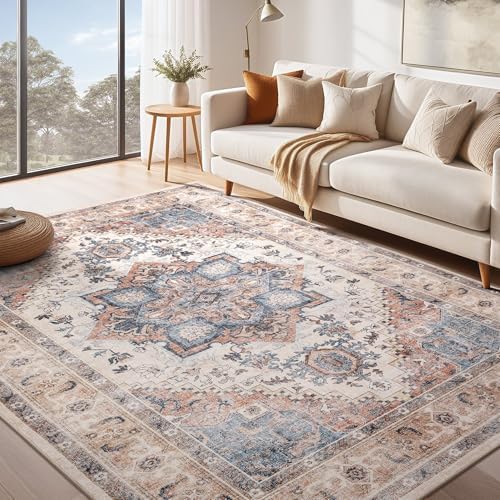 Washable Rug 9x12 Area Rugs: Boho Vintage Distressed Oriental Medallion Neutral Thin Large Rug Carpet for Living Room Bedroom Dining Room Home Office Decor - Camel