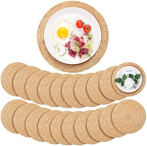 20 Pcs Round Woven Rattan Placemats, 13 Inch Rattan Placemats Natural Straw Hand Woven Farmhouse Round Place Mats for Dining Table Home Wedding Baby Shower Dinner