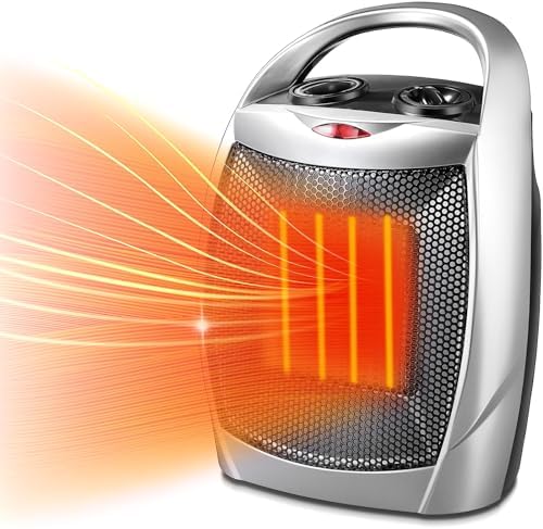 Kismile Small Electric Space Heater,Portable Ceramic Space Heater Fan for Office with Adjustable Thermostat and Overheat Protection ETL Listed for Kitchen, 750W/1500W(Silver)