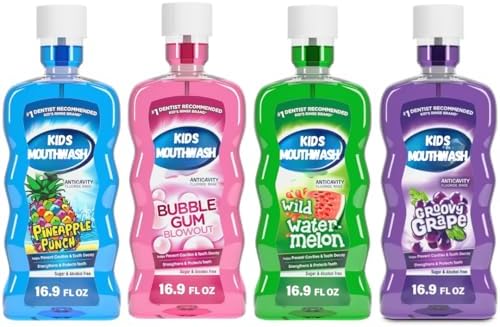 Kids Anticavity Fluoride Mouthwash Variety Pack, Sugar & Alcohol Free, Bubble Gum, Pineapple, Grape & Watermelon, 16.9 fl. oz. (4 Pack)