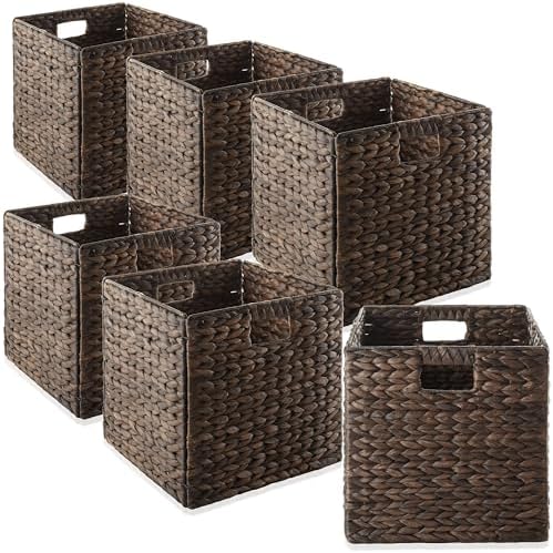 Casafield 13" x 13" Water Hyacinth Storage Baskets, Espresso - Set of 6 Collapsible Cube Organizers, Woven Bins for Bathroom, Bedroom, Laundry, Pantry, Shelves