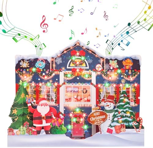 3D Pop Up Christmas Cards with Music and Lights, Animated Christmas Gift Card, Playing 3 Songs with 3 Matching Lights Blinking Modes (Envelope Included)