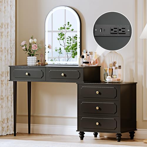 Black,Vanity Desk with Mirror and Lights,Makeup Vanity with Power Outlet and Adjustable Cabinet,Modern Makeup Table with 3 Drawers for Bedroom Makeup Room