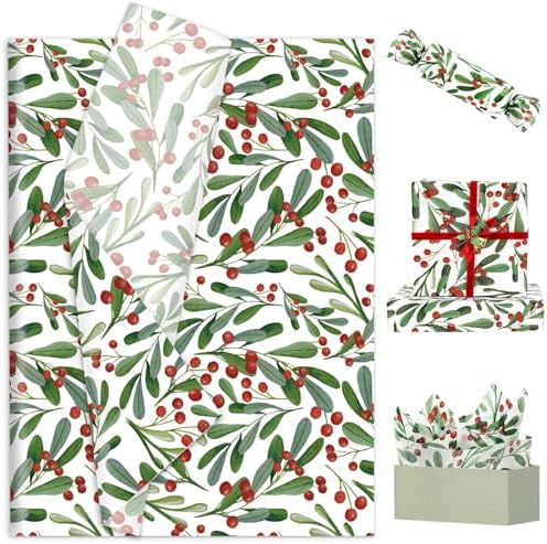 JarThenaAMCS 100 Sheets Christmas Tissue Paper Holly Berry Gift Wrapping Paper Watercolor Art Paper for Winter Xmas DIY Crafts Supplies, 14 x 20 Inch