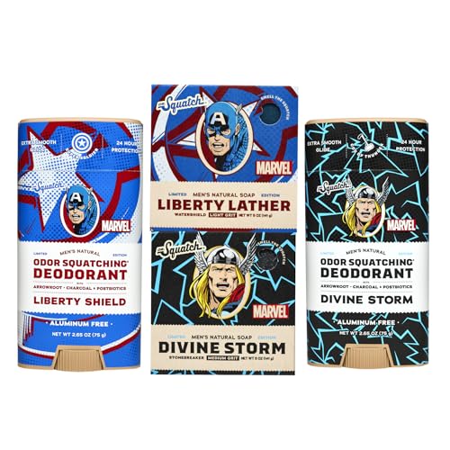 Dr. Squatch Avengers Bundle - Natural 2 Soap and 2 Deodorant Gift Set - Divine Storm, Liberty Lather, Liberty Shield