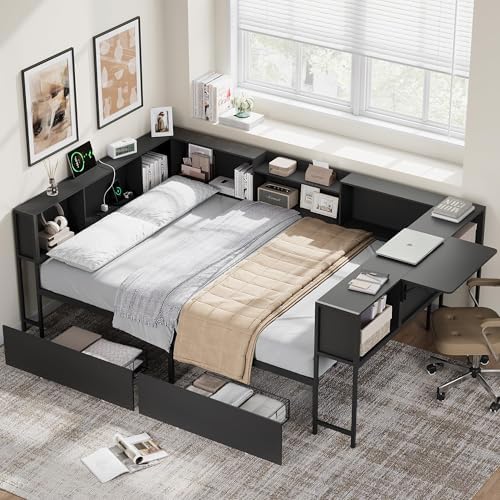Corner Full Bed Frame with Storage Bookcase and Foldable Desktop, Black Full Size U-Shaped Metal Corner Bed Platform for Teenagers & Kids, Daybed with Charging Station & 2 Storage Drawers for Bedroom