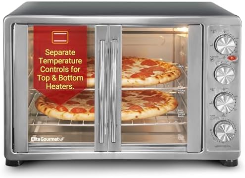 Elite Gourmet ETO4510B# French Door 47.5Qt, 18-Slice Convection Oven 4-Control Knobs, Bake Broil Toast Rotisserie Keep Warm, Includes 2 x 14" Pizza Racks, Stainless Steel