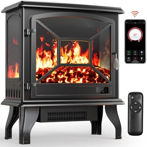 Silonn Electric Fireplace Heater, Quick Heating Portable Fireplace with App & Remote,24â€³ Electric Corner Fireplace Low Noise with 5 Brightness Levels,Temp Control & Timer for Living Room,Bedroom,Black