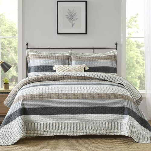 Finlonte Quilt King Size, King Quilt Set, 100% Cotton Quilt, Grey Striped King Quilt Bedding Set Farmhouse Bedspreads, Reversible Lightweight Soft Quilted Comforter Set for All Season, 3-Piece