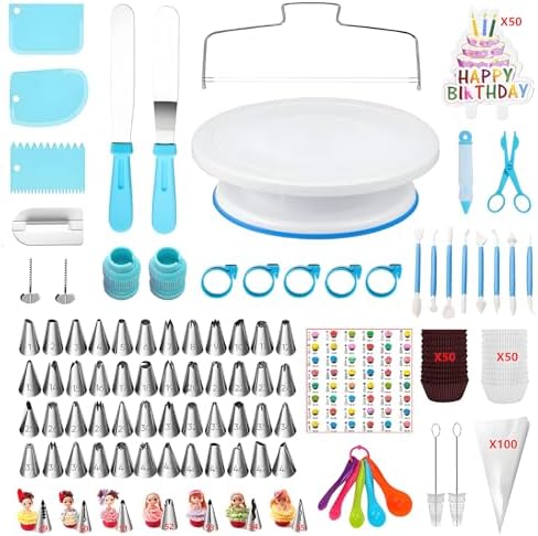 340 Pcs Cake Decorating Kit, with Cake Turntable,48 Numbered Icing Tips,7 Numbered Korean Skirt Piping Tips,2 Spatulas,3 Comb Scrapers,100 Pastry Bags,100 Paper Cupcake Liners