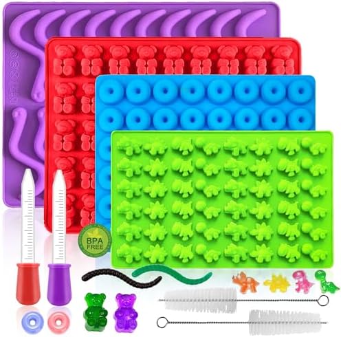 4 Pcs Silicone Gummy Candy Molds Kit with 2 Droppers | Non-Stick Large Bear/Dinosaur/Donut/gummy worm 200+ Cavities | BPA Free Chocolate Jello Molds for Kids, DIY Baking & Party Favors