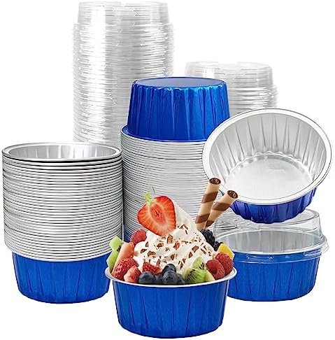 100Pcs Aluminum Cups with Lids,5oz Disposable Ramekin Baking Cups Muffin Liners Mini Pie Pans Foil Cupcake Containers for Christmas Party Wedding Party,Dark Blue