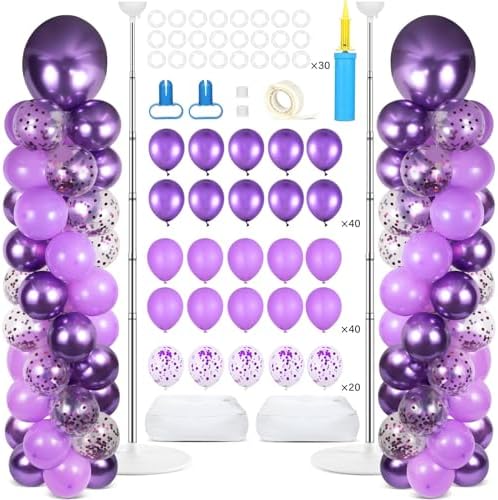 2 Sets Purple Balloon Column Stand Kit with 100 Balloons Lavender Adjustable Balloon Tower Stand with Bases for Floor Purple Confetti Balloon Column Kit for Christmas Birthday Holiday New Year