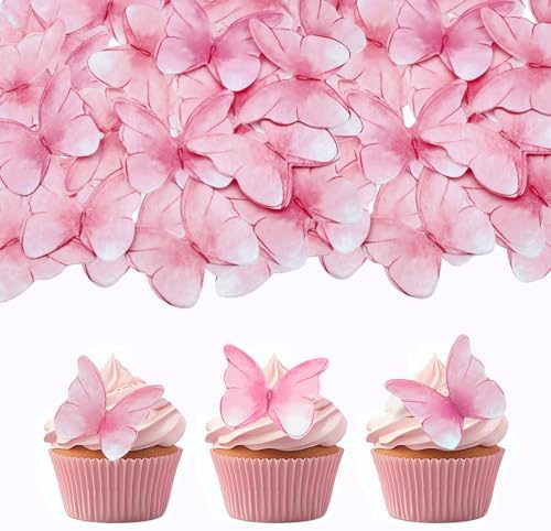52 pieces edible wafer paper butterfly cake decoration, suitable for weddings, birthdays, Christmas parties to decorate cookies, donuts, cocktails, cupcake tops (Watercolor pink)