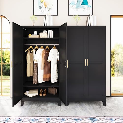 71 "Metal Armoire Wardrobe Closet, Steel Clothing Storage Cabinet with Adjustable Shelves and Hanging Rod, Household Steel Wardrobe Storage Cabinet with Adjustable Standing feetï¼ˆBlackï¼‰