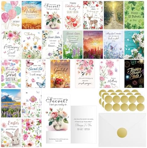 24 Pcs Secret Sister Greeting Cards with Scripture for Christian Women Secret Sister Cards with Envelopes Stickers for Women Birthday Christmas Easter Thinking of You All Occasion(Style2)