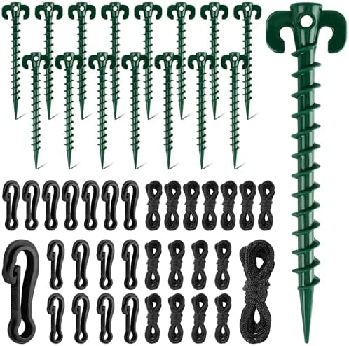 48 Pieces Plastic Inflatable Stakes Set Plastic Tent Stakes with Hooks & Ropes Camping Stakes Duty Tent Pegs for Halloween Christmas Yard Inflatables Sturdy Tent Canopy Stake (Green)