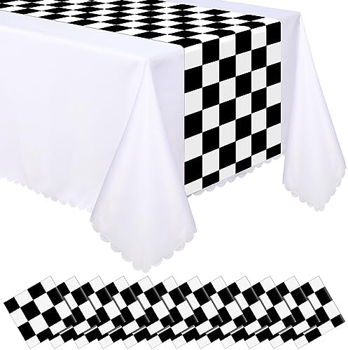 Preboun 12 Pcs Plastic Checkered Table Runner 14 x 108 Inch Racetrack Road Table Runner for Two Fast Car Theme Birthday Racing Party Decor Events Supplies (Black White Checkered)