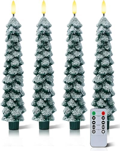 4 PCS Flameless Christmas Tree Candles with Remote, Snow Covered Real Wax Flameless Taper Candles 9.65 Inch, LED Candlesticks Battery Operated with 3D Flickering Flame, Christmas Candles Decor