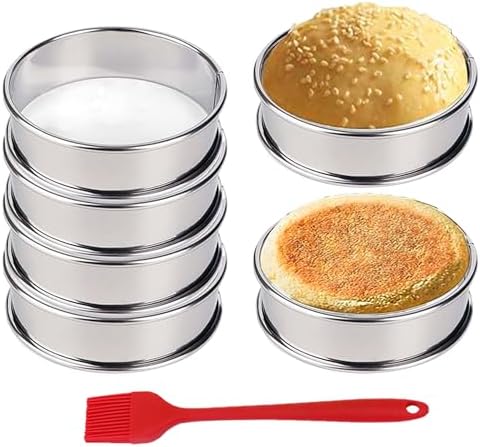 HLMOptimo English Muffin Rings, Stainless Steel Crumpet Rings, 6 Pcs Nonstick Metal Round Ring Molds with Silicone Oil Brush (4 inch)