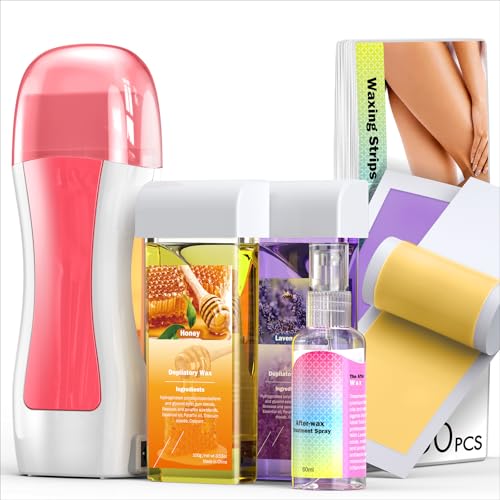 Roll on Wax Kit, Roll on Waxing Kit for Hair Removal, Wax Roller Kit for All Skin Types for men, Hair Removal with 2 Soft Cartridges and 50 Strips, Waxing Kit for Women