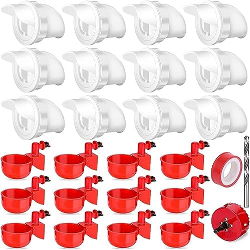 12 Pcs Chicken Feeder and Water Cup Kit, Gravity Chicken Waterer and Feeder Port Kit with Hole Saw and Sealing Tape, No Waste for Duck, Bird, Quail