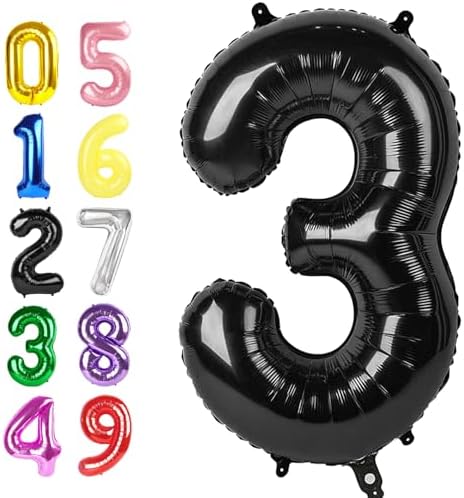 Number Balloons 40 Inch 3 Balloons for Birthday Party Decoration, Black Number 3 Ballon for 3, 13, 23, 30 Celebration, Boy and Girl Birthday, Christmas, Anniversary Decor