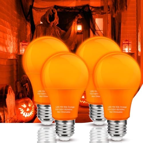 Orange LED Light Bulbs Outdoor, 9W Equivalent 60W, E26 Medium Base A19 Decorative Orange Colored Light Bulb for Halloween, Christmas, Thanksgiving Day, Porch Party Bar Decor, Non-Dim, 4 Pack
