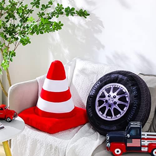 2 Pcs Race Car Room Decor Racing Plush Throw Pillow Set Gift Operation Christmas 15.7 Inch Soft 3D Simulation Wheel Pillow Funny Tire Cone Traffic Light and Stop for Bedroom Decorations(Traffic Cone)