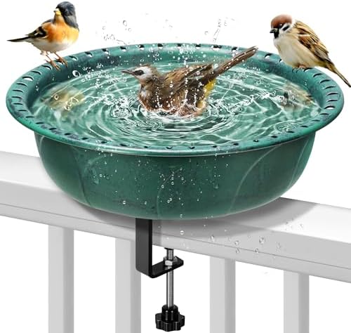 VIVOHOME Deck Mounted Polyresin Bird Bath with Adjustable Sturdy Metal Clamp for Railings up to 3.9 Inch, Capacity 1.4 Gallons for Patio, Gardens, Yard, Deck, Green