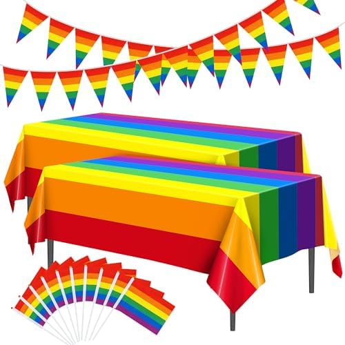 2 Pieces 54 x 108 Inch Rainbow Table Covers Colorful Rectangular Tablecloths with Triangle Pennant Banners Hand Waving Flags Love Passion Gay Pride Decoration for Gay Parade, Party, Festival