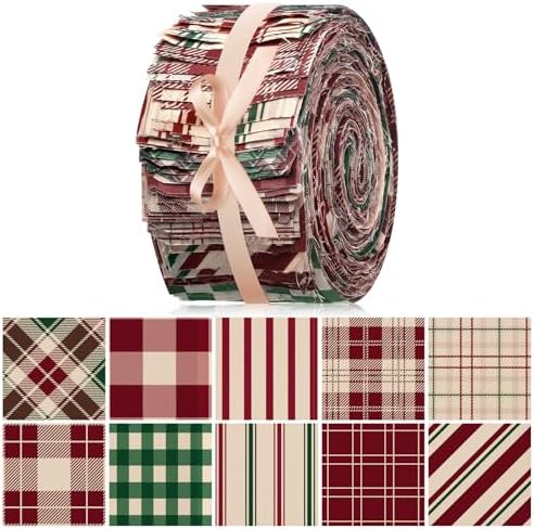 HunnmingRe 40 Pcs 2.5" x 44" Vintage Christmas Homespun Plaid Quilting Fabric Jelly Fabric Squares Christmas Roll Precut Patchwork for Xmas Fireplace Mantle Farmhouse Sewing DIY Crafts