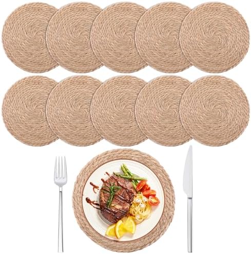 Round Woven Placemats Set of 10, 12" Brown Round Rattan Placemats Natural Water Hyacinth Place mats Farmhouse Boho Braided Placemats for Dining Table, Home, Wedding, Heat Resistant/Anti-Slip