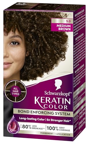 Schwarzkopf Keratin Color Permanent Hair Color, 5.0 Medium Brown, 1 Application - Salon Inspired Permanent Hair Dye, for up to 80% Less Breakage vs Untreated Hair and up to 100% Gray Coverage