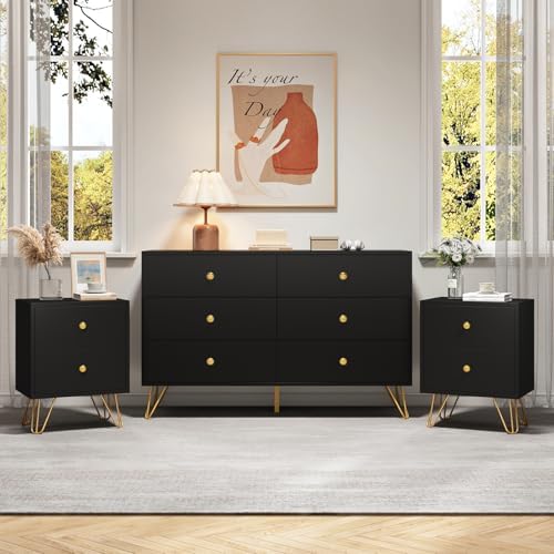 6 Drawer Dresser and Nightstand Set of 2, Modern Black and Gold Dresser Set with Golden Handles, 2 Drawer Nightstand & 6-Drawer Chest of Drawers