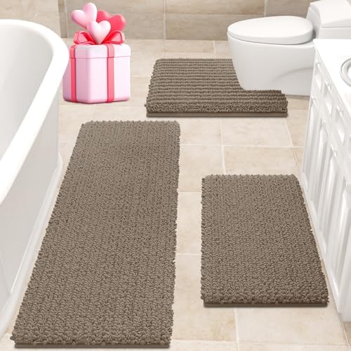 ACCUMTEK Upgrade Extra Large Dark Beige Bathroom Rug Set 3 Pieces Gray Ultra Soft, Thick Absorbent Bath Mats, Non Slip Chenille Toilet Mat Bathroom, Bedroom, Kitchen, Taupe
