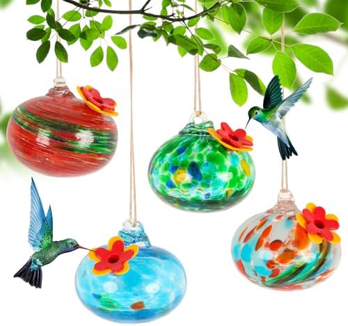 4 Pcs Blown Glass Hummingbird Feeder for Outdoors Hanging, Ant & Bee Resistant Window Bird FeederHandmade Garden Decor Gift for Women - Small Round Glass Feeders Bundle (Ellipse C4)