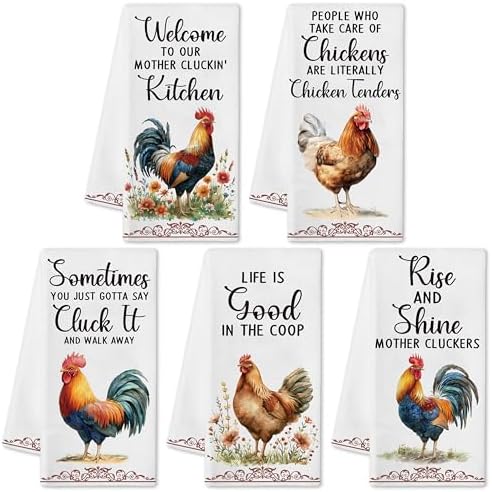 Funny Chicken Dish Towel Sets - 5Pcs Farmhouse Vintage Rustic Rooster Dishcloths Absorbent Quick Dry Cloth Dish Tea Towels Farm Animal Bar Reusable Hand Towels for Bathroom Kitchen Home Decors