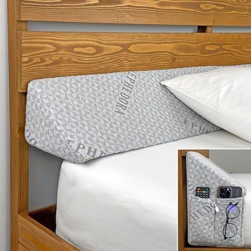 Bed Wedge Pillow for Headboard Gap Filler Queen Size - High Density Memory Foam Headboard Pillow Wedge Prevents Items Falling - Triangle Mattress Spacer with Pockets