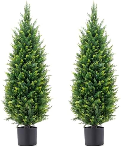 3.5ft Artificial Topiary Trees Set of 2 Faux Cedar Trees UV Resistant Bushes Potted Plants Artificial Shrubs for Outdoor Indoor Front Porch Garden