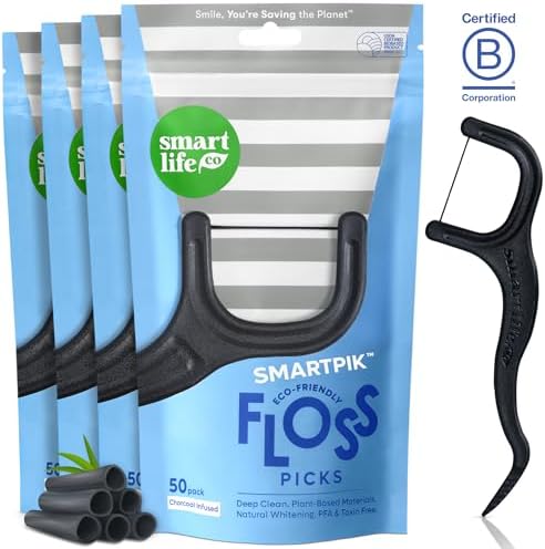 SmartLifeco Biodegradable* Dental Floss Picks - Charcoal Thread Flossers for Adults, All Natural Teeth Whitening, Eco Friendly Straw Wheat Handle, Toothpick Stick Soft on Gums, Zero Waste Vegan, 200x