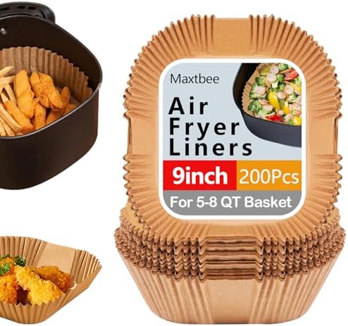 9 Inch Air Fryer Paper Liner Disposable, 200PCS Non-Stick, Oil-Proof & High-Temperature Resistant Square Baking Parchment Paper for Air Fryer, Microwave and Oven（Bottom Is 8 Inch）