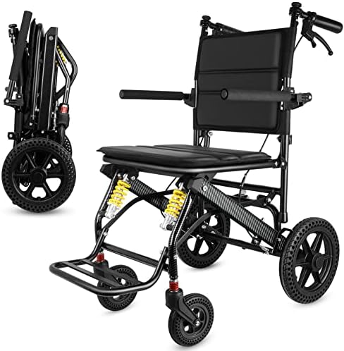Transport Wheelchair Lightweight Foldable, Extra-Large Spring Shock Absorbers,All-Terrain Transport Chair, Upgraded Brakes Wheelchairs for Adults, Waterproof Travel Wheelchair