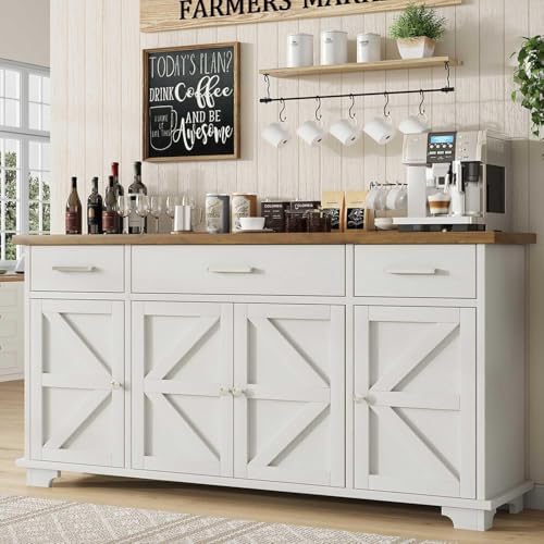 65" Large Buffet Cabinet with Storage, Sideboard Cabinet with 3 Drawers and 4 Doors,Farmhouse Coffee Bar, Large Wood Buffet Table for Kitchen, Living Dining Room