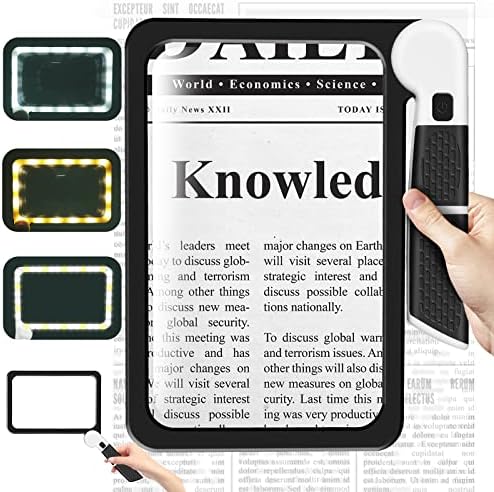 7.3 * 4.4" Page 5X Magnifying Glass for Reading, Large Folding Lighted Magnifier with 48 LED Lights (3Modes), Rectangular Handhold Magnify Lens Gifts for Seniors Reading Books, Prints -Black