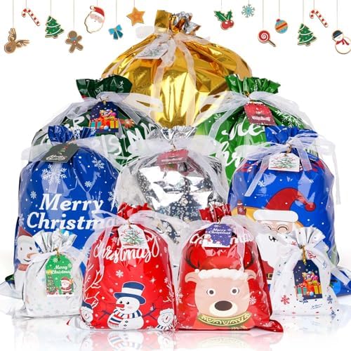 Christmas Drawstring Gift Bags, 30 Packs Wrapping Gift Bags with Colorful Tags, Assorted Sizes Holiday Gift Bag (Small Medium Large Jumbo), Xmas Gift Treat Bags with Tags for Party Favors Presents Wrapping